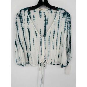 Lunik Womens Tie Dye V-Neck Crop Top Teal White Cinched Front Drawstring Small